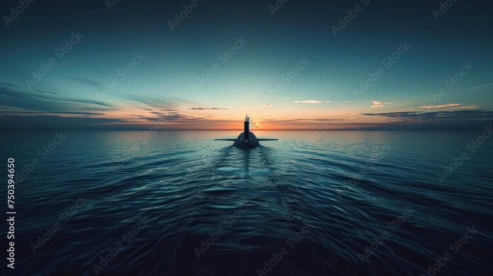 Obraz premium A conventional military nuclear submarine floats in the middle of the ocean while firing an undersea torpedo missile. Wide banner with copy space