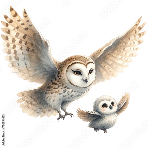 Mother and baby Owl watercolor clipart.Ai Generate