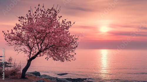 sunset on the lake with tree 
