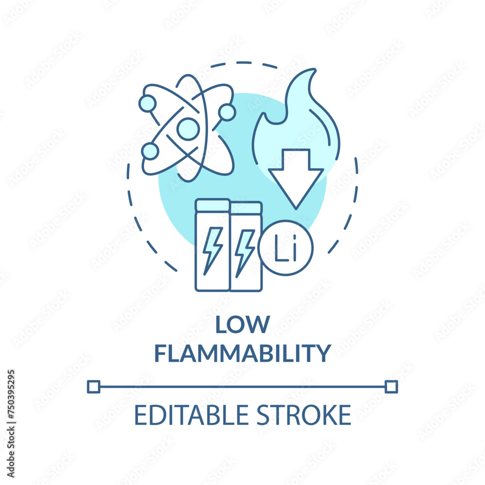 Low flammability soft blue concept icon. Lithium revolution, industry regulation. Environmentally friendly. Round shape line illustration. Abstract idea. Graphic design. Easy to use in brochure Low flammability soft blue concept icon. Lithium revolution, industry regulation. Environmentally friendly. Round shape line illustration. Abstract idea. Graphic design. Easy to use in brochure
