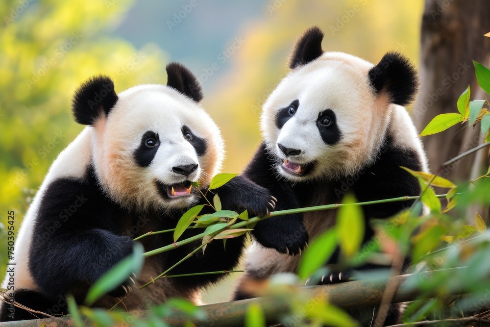 Panda bear happily munching on fresh bamboo stalks in the forest, A panda bears peacefully munching on bamboo in a lush forest, Ai generated. Panda bear happily munching on fresh bamboo stalks in the forest, A panda bears peacefully munching on bamboo in a lush forest, Ai generated.