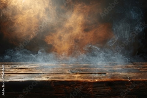 empty wooden table with smoke float up on bright background