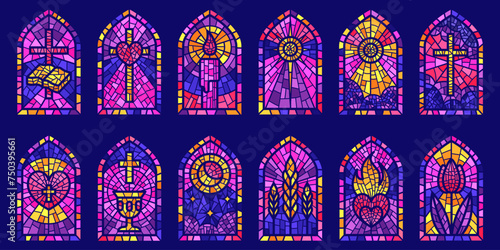 Church glass windows. Stained mosaic catholic frames with cross, book and religious symbols. Vector set