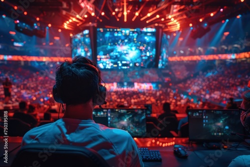 an esports tournament showcasing intense gamers competing in a stateoftheart arena vibrant lighting and passionate crowds competitive and exhilarating © Nisit