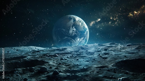 Space shutter on the moon on the surface of the planet, moon with perspective and planet earth globe in the background for astronomy concept as a wide banner. photo