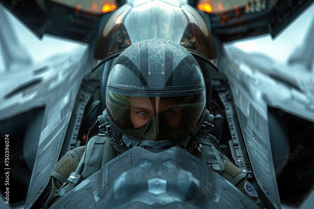 a closeup of a pilot in the cockpit of a stealth bomber emphasizing focus and the critical role of technology in modern warfare with a hint of the runway ahead a closeup of a pilot in the cockpit of a stealth bomber emphasizing focus and the critical role of technology in modern warfare with a hint of the runway ahead