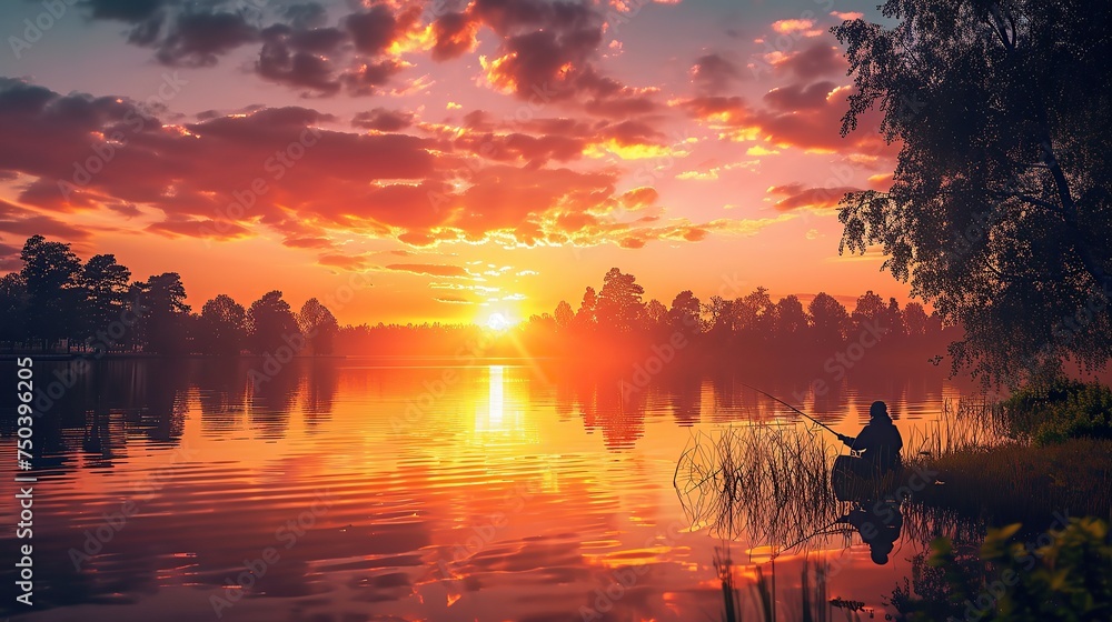 Fishing on the lake at sunset. Fishing background. copy space for text. image of lifestyle of Asia people. - obrazy, fototapety, plakaty 