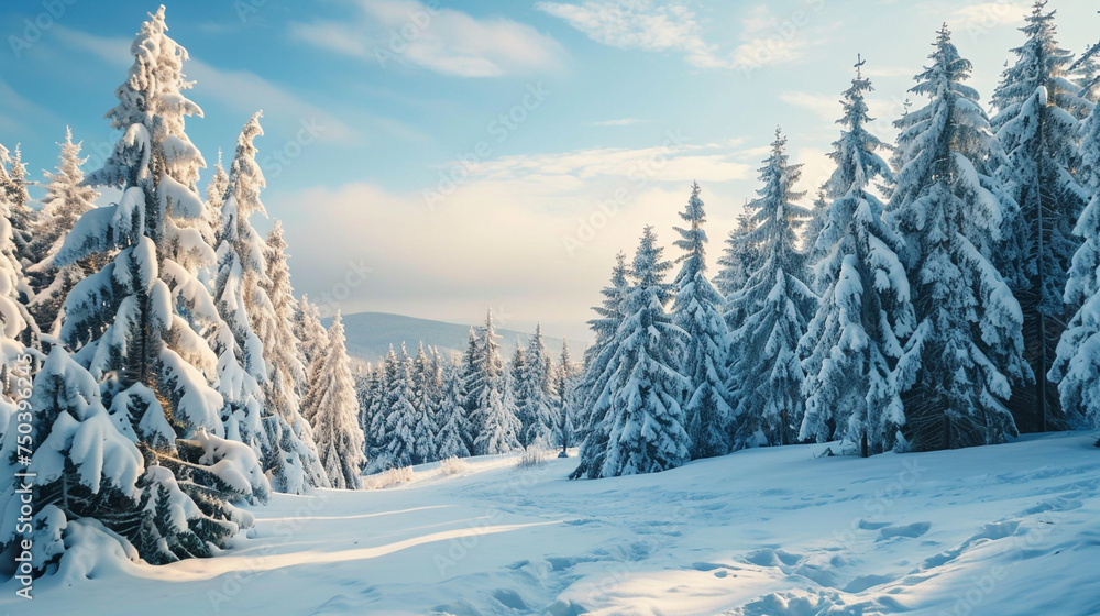 Fototapeta premium Snow covered pine trees sit in a peaceful winter landscape under a clear sky suitable for travel brochures and seasonal website headers for outdoor branding.