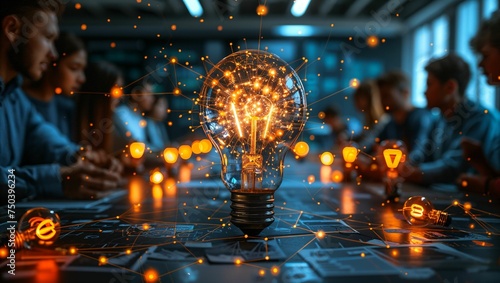 Innovative startup team planning with digital mind maps, technology at the forefront