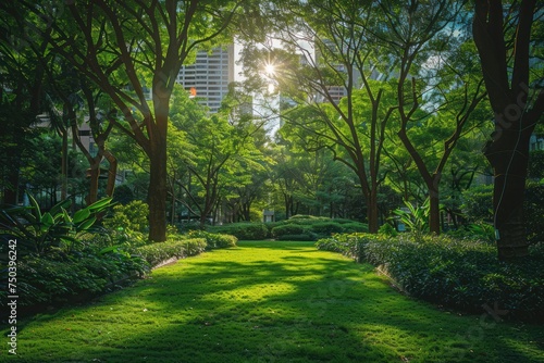 a lush green urban park illustrating the concept of green spaces in city planning for sustainability bright and inviting atmosphere