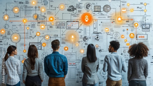 Innovative startup team planning with digital mind maps, technology at the forefront