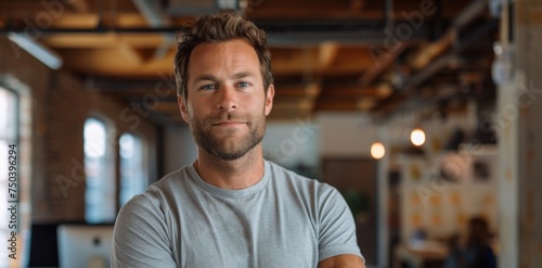 a tech entrepreneur who has revolutionized the industry standing in front of their startups minimalist office embodying innovation and determination