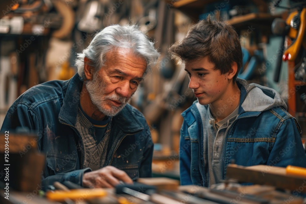  a mentor guiding a young apprentice in a workshop illustrating vocational training and the passing of skills focused and practical - obrazy, fototapety, plakaty 