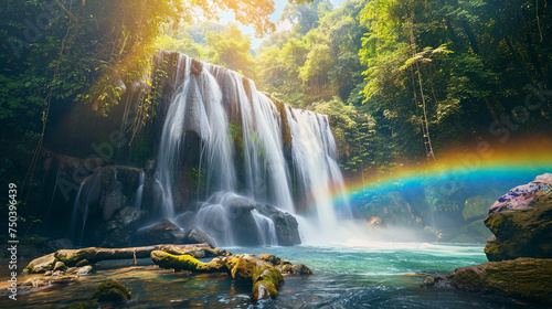 waterfall and rainbow in the forest 