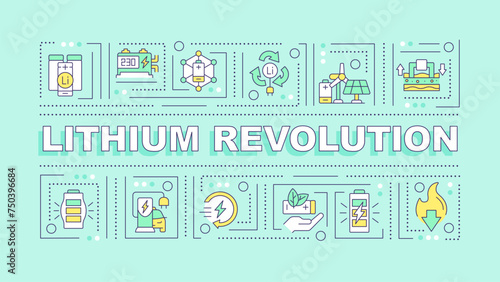Lithium revolution turquoise word concept. Energy transition efficiency. Typography banner. Flat design. Vector illustration with title text  editable line icons. Ready to use. Arial Black font used