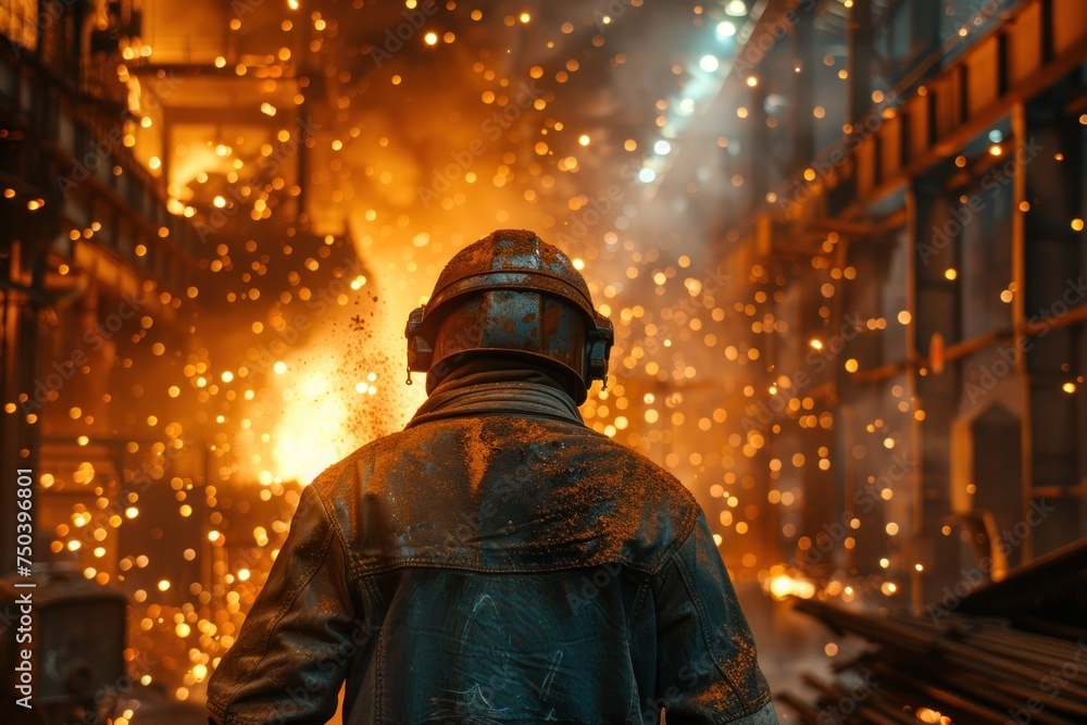  the gritty atmosphere of a steel mill with workers in protective gear amidst showers of sparks highlighting the harsh beauty of industry