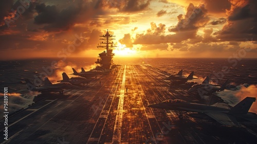 a conventional military aircraft carrier carrying fighter jets during special operations in a war zone. Wide poster design with copy space photo