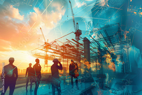 Wallpaper Mural workers on construction site, engineering construction infrastructure silhouette of business people standing teamwork together multi exposure with industrial building construction in blue Torontodigital.ca