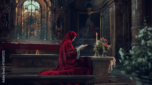 Pretessa in Rosso si applica ai suoi studi benefici e protettivi nella Chiesa, la sua Casa. photo