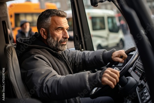 Smiling professional truck driver in cab looking at camera while driving his big rig on the road