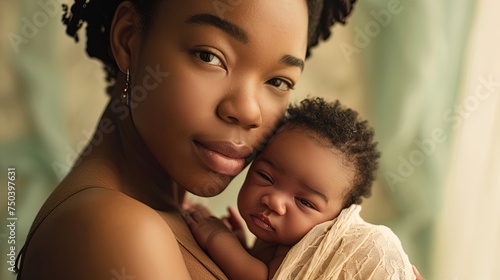 Beautiful African American mother embracing newborn baby, expressing love, warmth, and the bond between mother and child