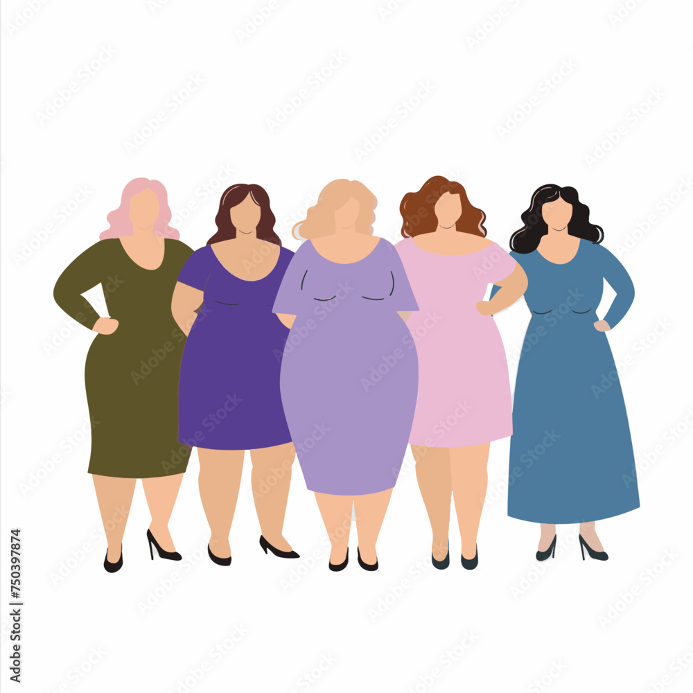 Obraz premium A group of plus size women, body positive vector illustration