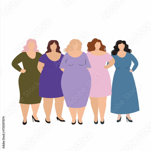 A group of plus size women, body positive vector illustration