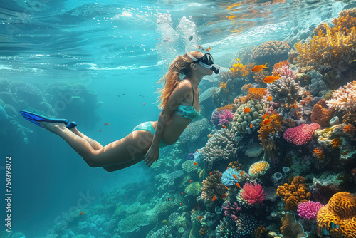 Fototapeta Naklejka Na Ścianę i Meble -  Caucasian girl in a mask swims on a coral reef