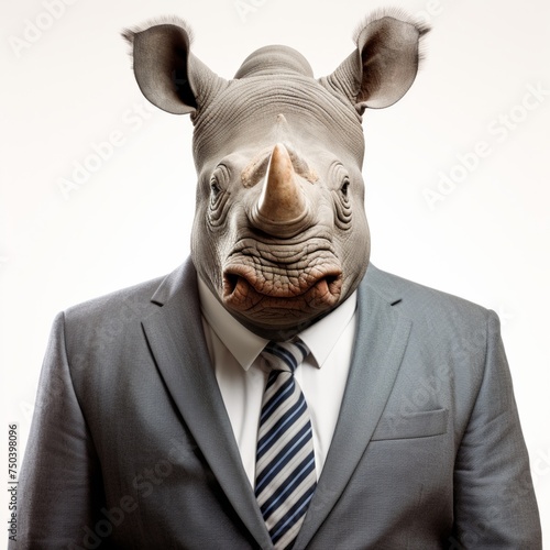 Portrait of a rhino in a business suit. An old traditional businessman Rhinoceros in a suit and tie. Professional Rhino character dressed in business attire. Generative AI.