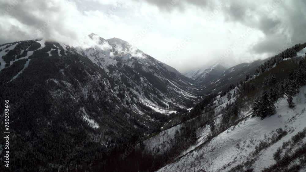 Aspen Snowmass Buttermilk glacier scenic landscape view Highlands Bowl ski trails Pyramid Peak Maroon Bells Capital peak Colorado winter fog cloudy snowy pan to the left slowly Aspen Snowmass Buttermilk glacier scenic landscape view Highlands Bowl ski trails Pyramid Peak Maroon Bells Capital peak Colorado winter fog cloudy snowy pan to the left slowly