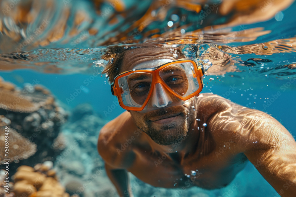 Naklejka premium Caucasian man in a mask swims on a coral reef