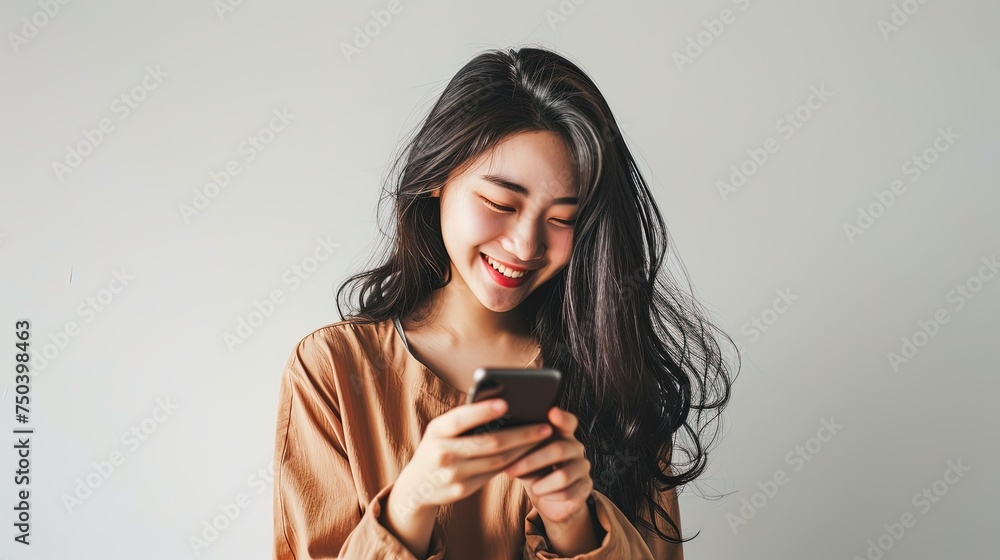 Beautiful happy Asian woman, a fashion model, holding a smartphone on white background Beautiful happy Asian woman, a fashion model, holding a smartphone on white background