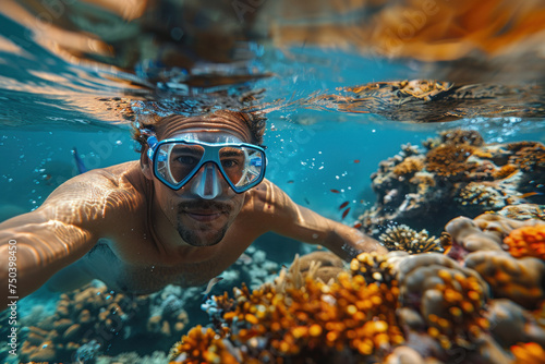 Caucasian man in a mask swims on a coral reef