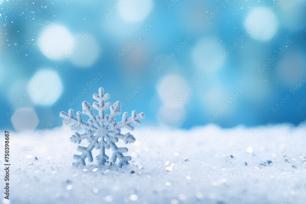 Icy blue snowflake on a bed of fake snow. Icy blue snowflake on a bed of fake snow.