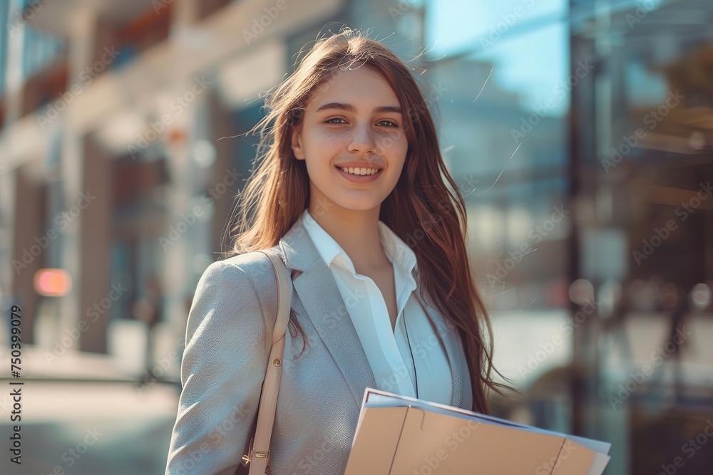 Woman in Suit Posing on Camera and Smiling and Searching for Job, files in Hand Woman in Suit Posing on Camera and Smiling and Searching for Job, files in Hand
