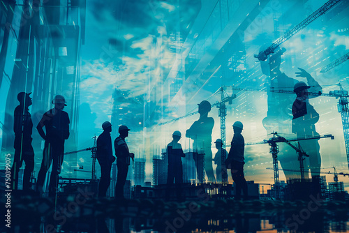 workers on construction site  engineering construction infrastructure silhouette of business people standing teamwork together multi exposure with industrial building construction in blue