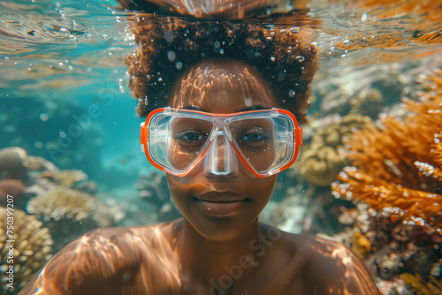 African girl in a mask swims on a coral reef