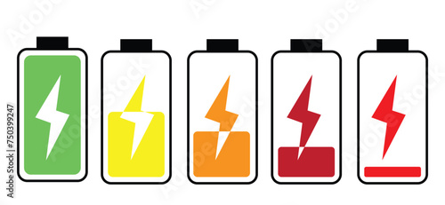 Battery icon set. Battery charging level sign. Wire electric plug charge sign. Vector stock illustration.