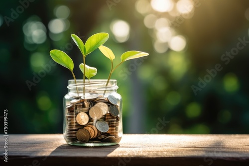 plant growing out of coins in a glass jar on a wooden table with natural background, Growing stacks of coins and a jar of coins on a table, Ai generated