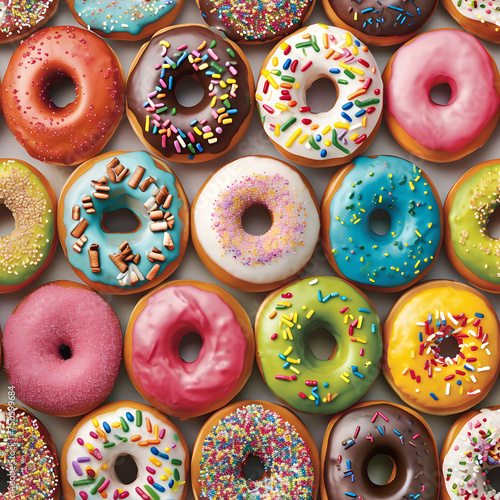 Seamless texture and pattern of colorful glazed doughnuts with high angle view. Neural network generated image. Not based on any actual scene or pattern.