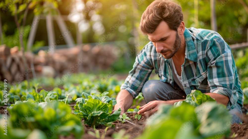 Fototapeta premium man in the field, planting lettuce and vegetables
