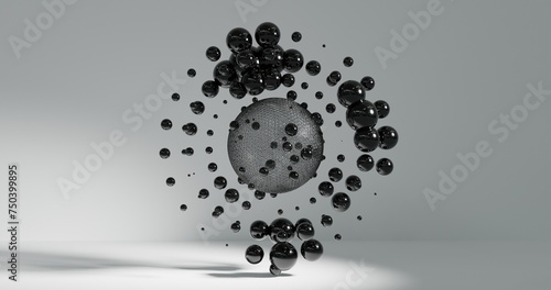 3d render of black abstract balls spheres in liquid water. Fluid abstract black spheres that blend