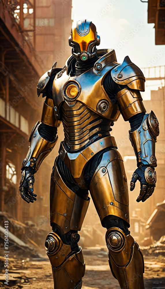 photo of steampunk armor man in apocalyptic world, generative AI photo of steampunk armor man in apocalyptic world, generative AI
