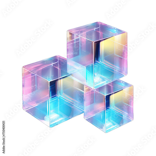 Set of 3d crystal glass cubes with refraction and holographic effect isolated on transparent background