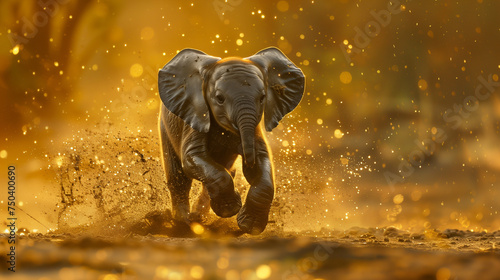 A playful baby elephant is captured in full sprint, splashing through water under a magical golden sunset.