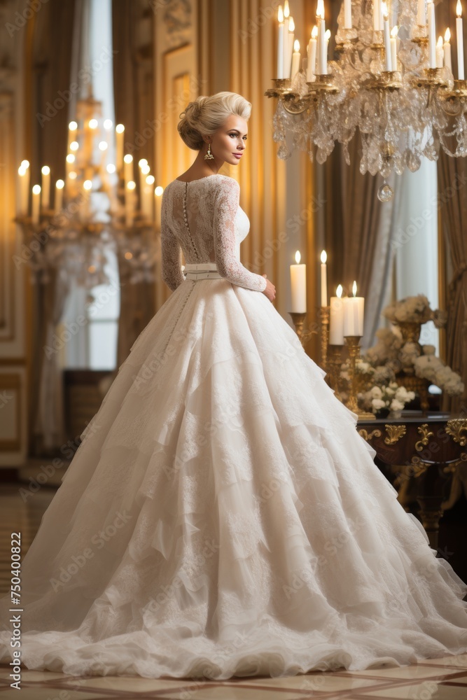 Fototapeta premium Beautiful bride posing in luxurious hotel for elegant wedding photography session