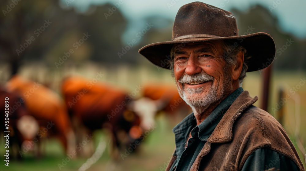 portrait of a farmer with cattles in the background, standing on a pasture