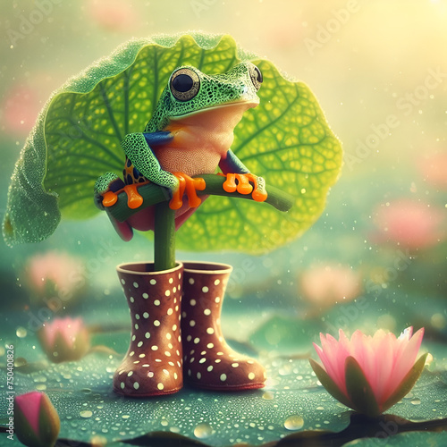 Wallpaper Mural Tree frog with lotus leaf umbrella.Generative AI Torontodigital.ca