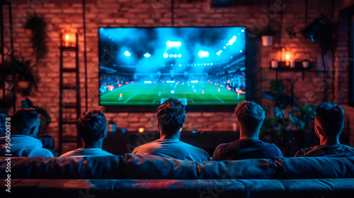friends looking a soccer game together on the tv screen