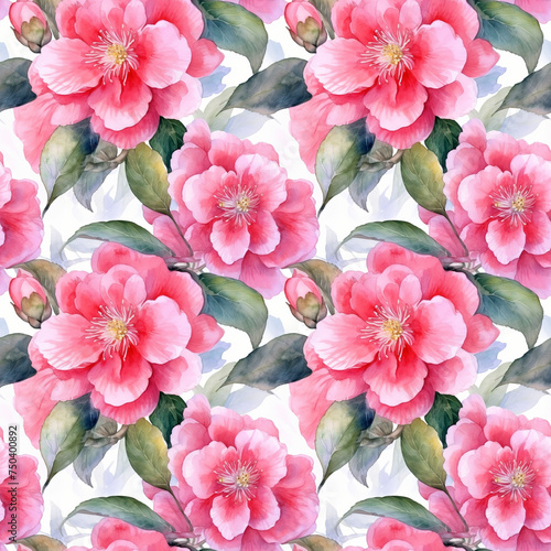 Watercolor Camellias Seamless Pattern, Aquarelle Camellias Pink Flowers, Creative Watercolor Bloom